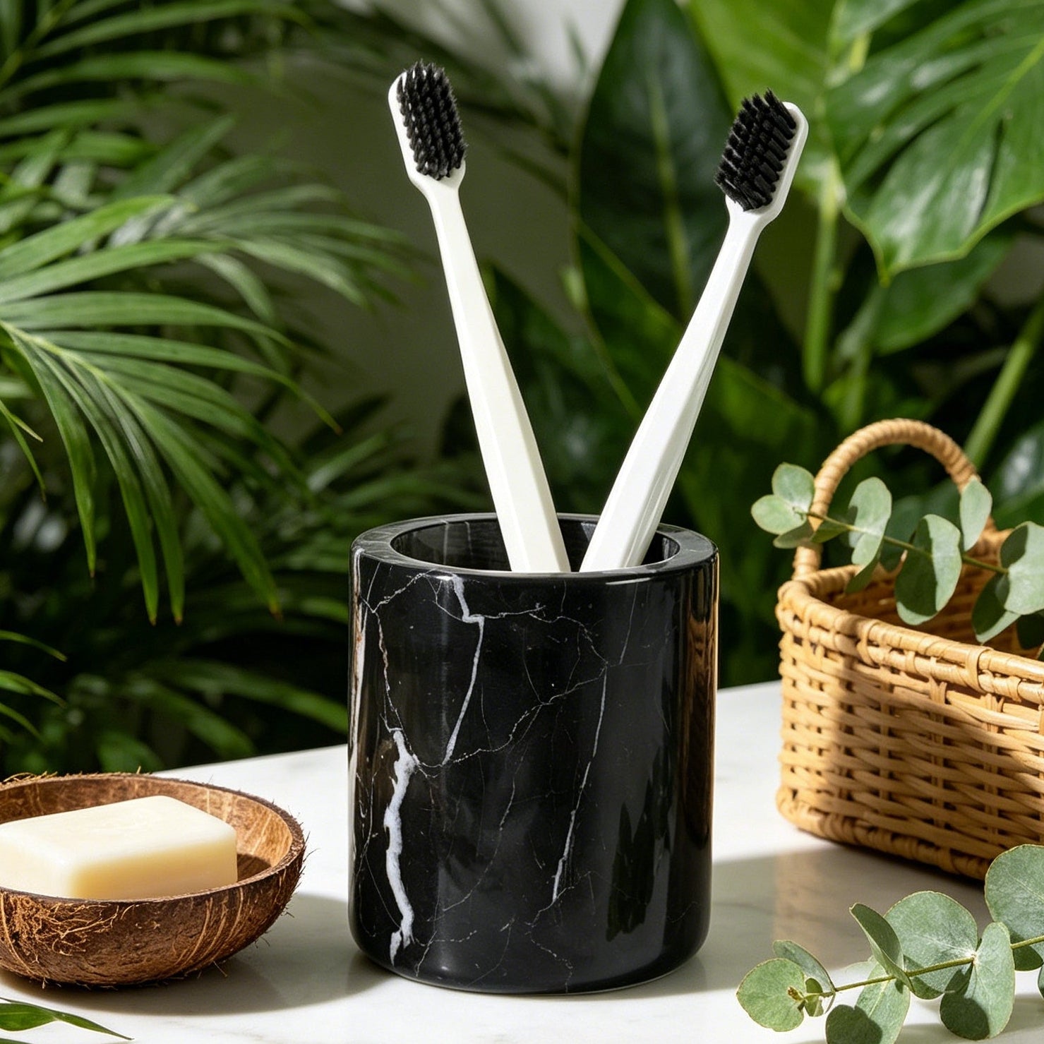 Black Marble Toothbrush Holder, Real Natural Stone Toothbrush Cup