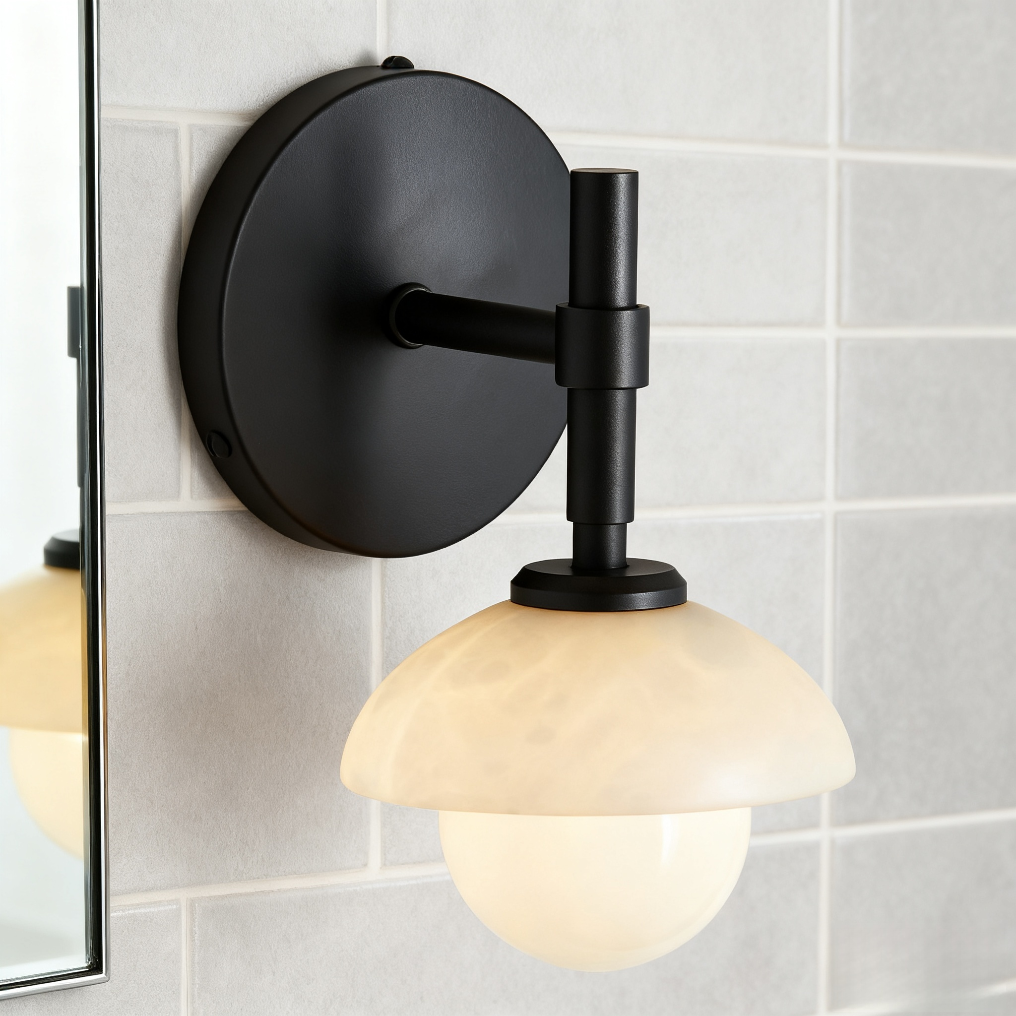Alabaster Glow Hand-Carved Bathroom Sconce - Elegant Brass Light Fixture with Opal and Alabaster Shades, Suitable for Bathroom and Living Room