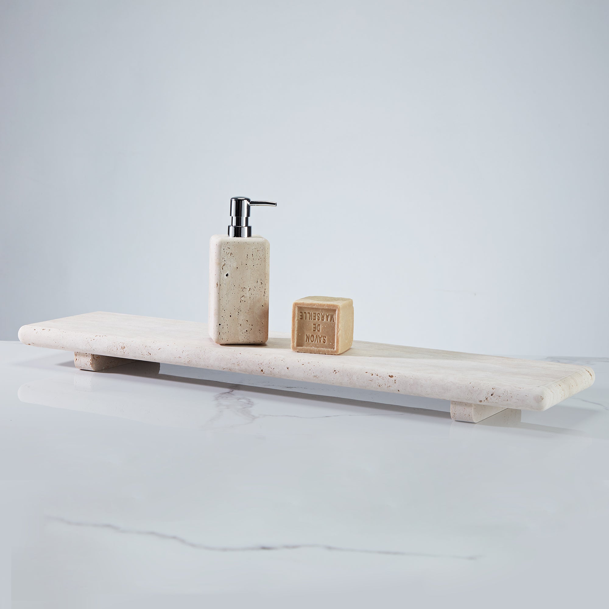 Nature's Touch Travertine Bath Accessories with Organic Edge and Unique Variations for Rustic Bathroom Decor