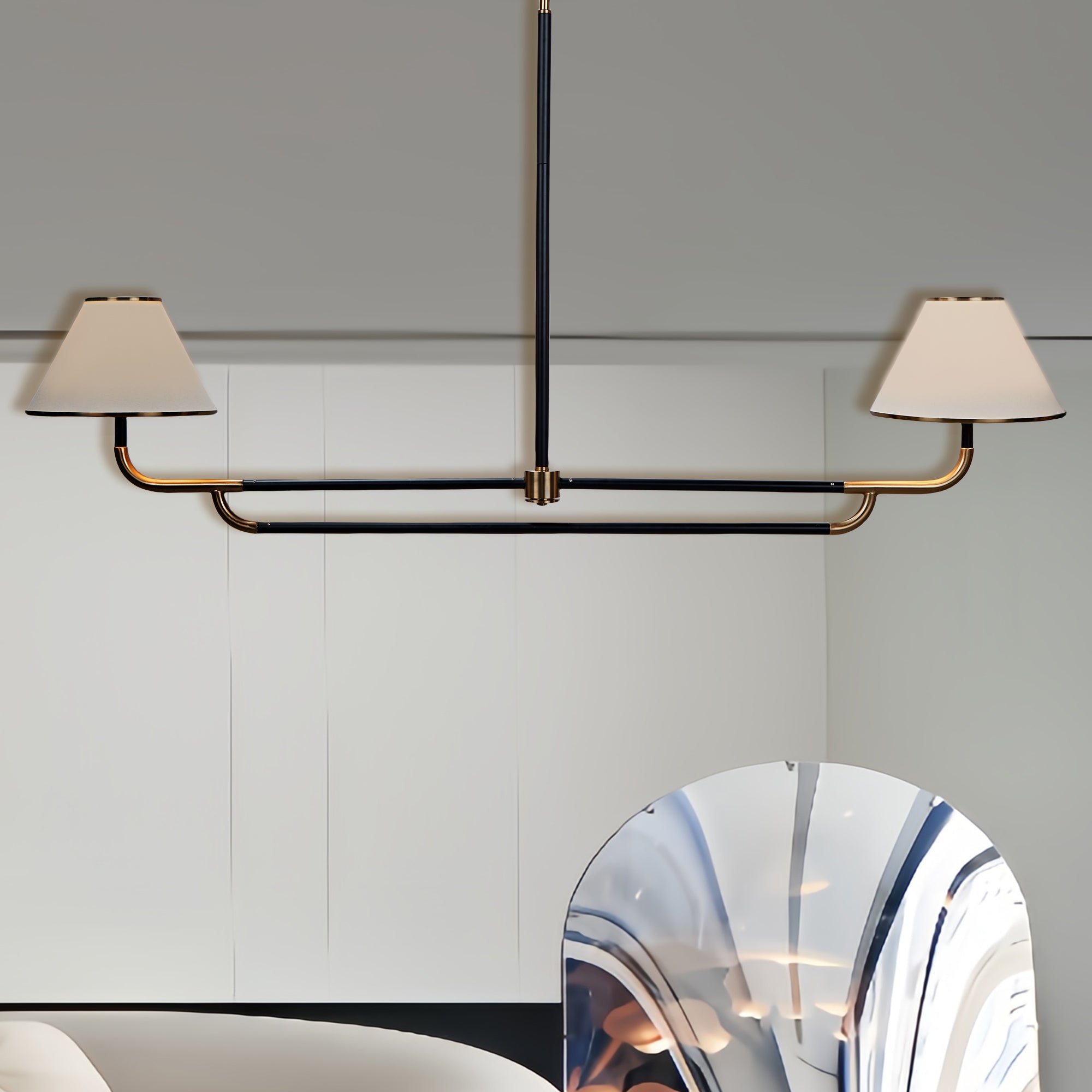 Modern 2-Light Rigby Linear Chandelier with White Linen Shades, Kitchen Island Hanging Light Fixture for Living Room, Dining Room