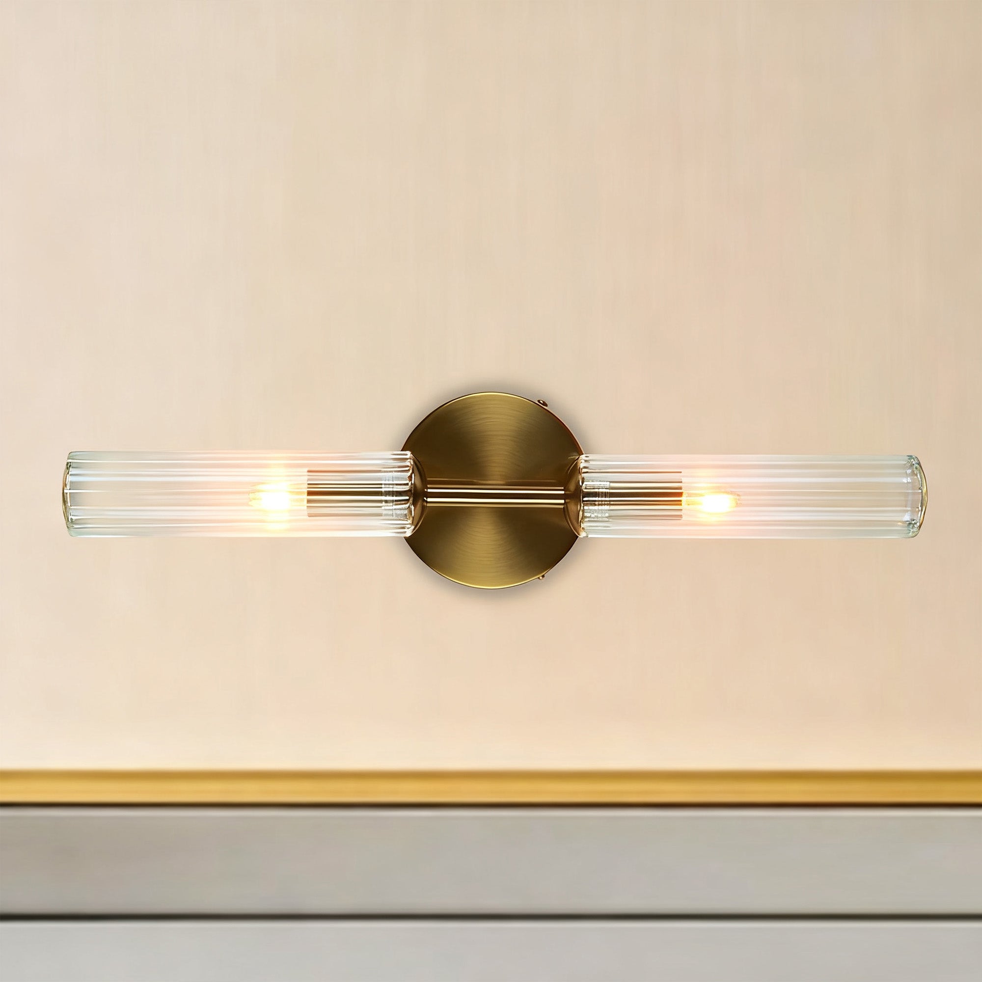 Antique Bronze Double Tube Sconce with Ribbed Glass Shades and Cylindrical Design for Durable Indoor Lighting - Ideal for Bathroom and Bedroom Wall Sconces