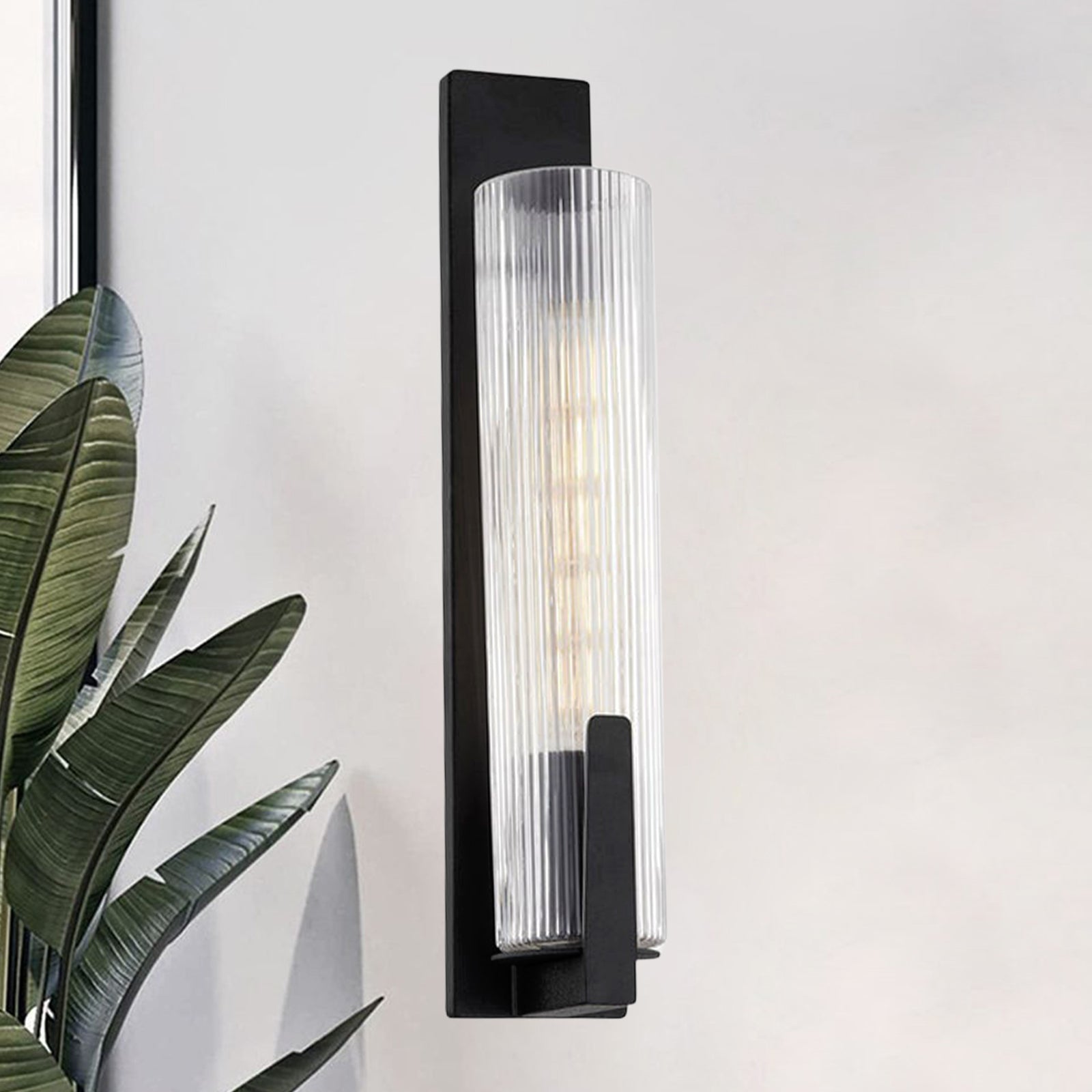 Matte Black Fluted Glass Tube Wall Sconce, Modern Vanity Light, Wall Light Fixture for Bathroom, Living Room