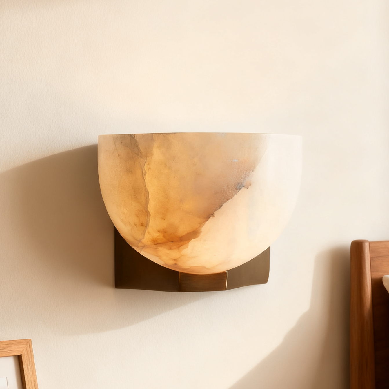 Engraved Elegance Alabaster Sconce: Handcarved Alabaster Wall Light with Globe-like Contours and Burnished Brass for Living Room, Kitchen, or Bedroom Wall Lighting