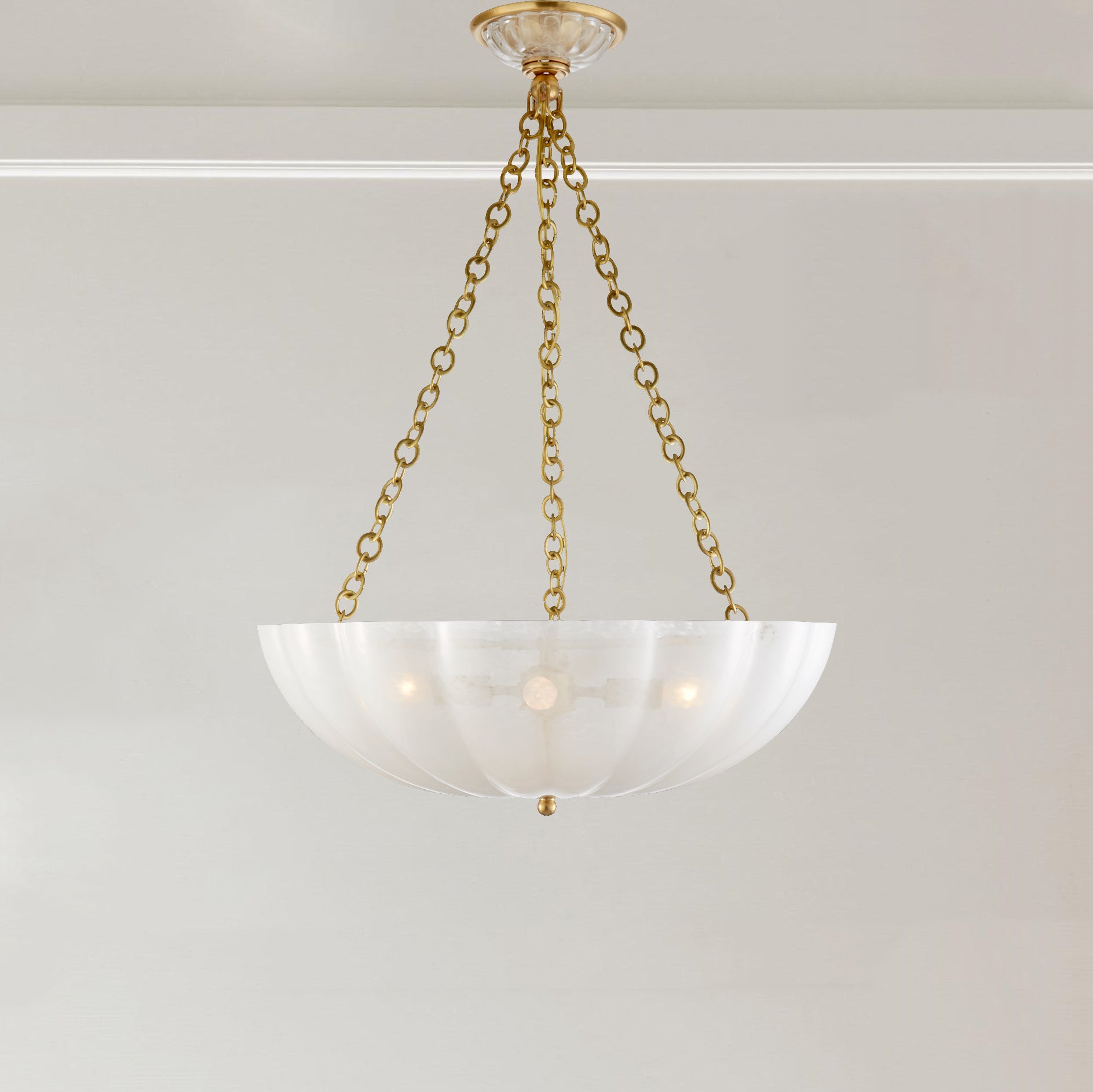 Minimalist Design Chandelier with Scalloped White Strié Glass in Polished Nickel or Antique Brass - Perfect for Dining and Living Spaces