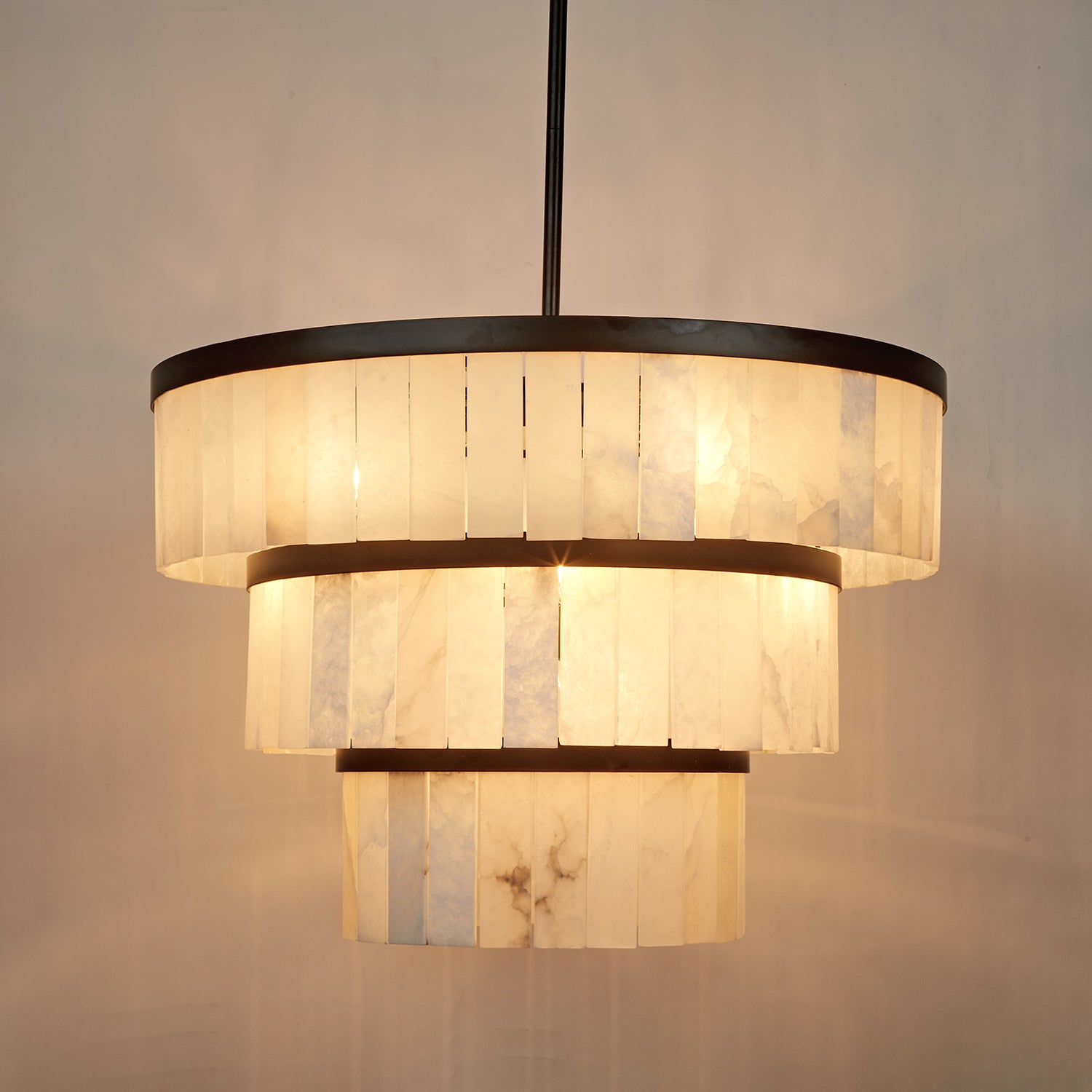 Rustic Alabaster Three-Tier Chandelier with Metal Detailing - A Stunning Rustic Chandelier Featuring Natural Stone - Perfect Hanging Light Fixture for Your Living Room