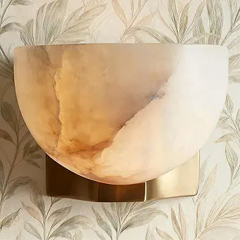 Modern Bowl Shape White Alabaster Wall Sconce with Metal Base, Natural Stone Wall Light for Entryway, Hallway, Bedroom, Outdoor